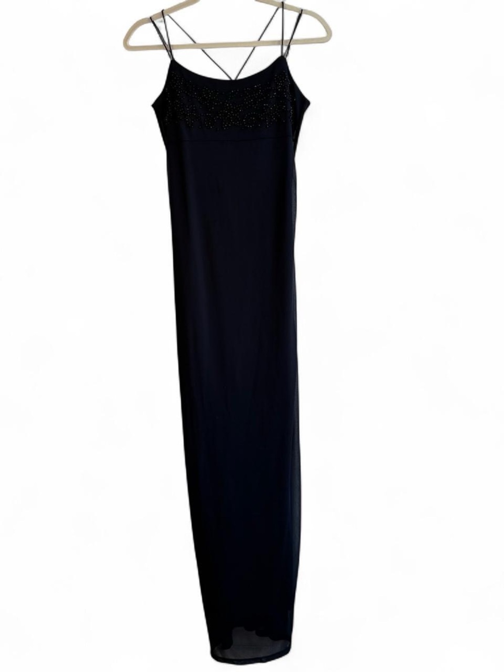 Vintage 90s Dark Navy Blue Black Beaded Formal Fitted Maxi Long Dress Size S